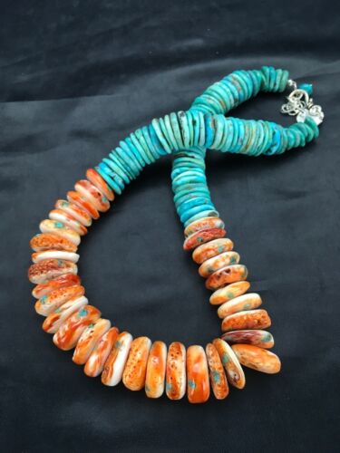 Spiny Oyster & Turquoise Graduated Necklace | Sterling Silver | Authentic Native American Navajo | 17" | 3004