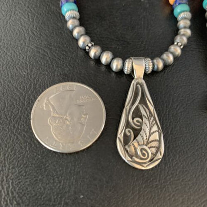 Navajo Multi-Color Turquoise Mother of Pearl Necklace Inlay Pendant | Sterling Silver | 13886