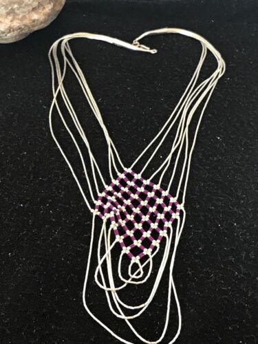 Native American Sugilite Heishi Tubes Necklace | 7 Strand Liquid Sterling Silver | 8560
