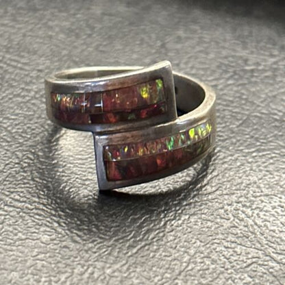 Native American Navajo Red Opal Inlay Ring | Sterling Silver | Sz 14.5 | 14584 - Masha USA