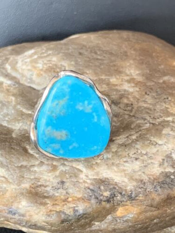 Navajo Adjustable Wire Sterling Silver Blue Kingman Turquoise Ring Size 8 13536