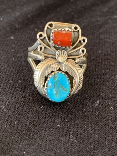 Authentic Navajo Kingman Turquoise & Coral Ring | Sterling Silver | Sz 14 | Native American Jewelry