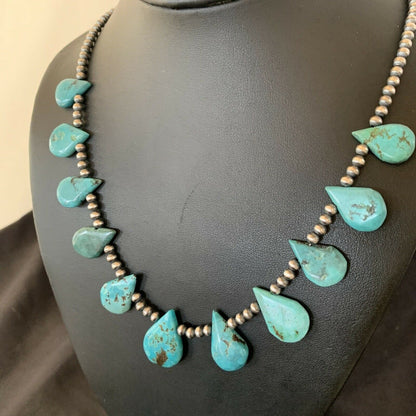 Native American Navajo Pearls Necklace | Sterling Silver | Blue Turquoise Teardrop | 11484