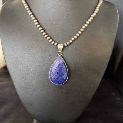 Men's Navajo Pearls Necklace with Faceted Lapis Pendant | Sterling Silver | Authentic Native American Handmade | 14469