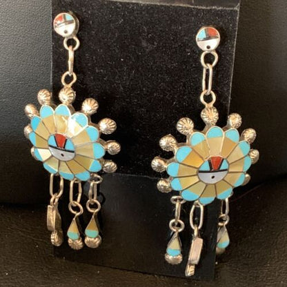Zuni Sun Face Kingman Turquoise & Yellow Mother of Pearl Dangle Earrings | Sterling Silver | 12126