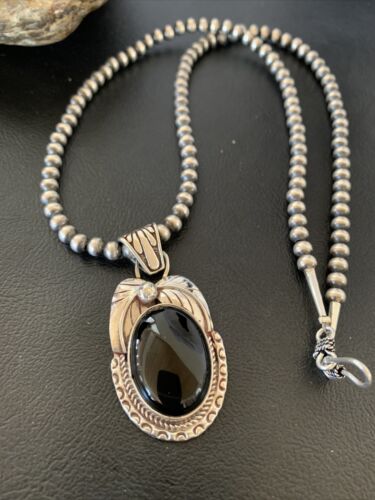 Navajo Pearls Black Onyx Necklace | Sterling Silver | Authentic Native American Handmade | 1904
