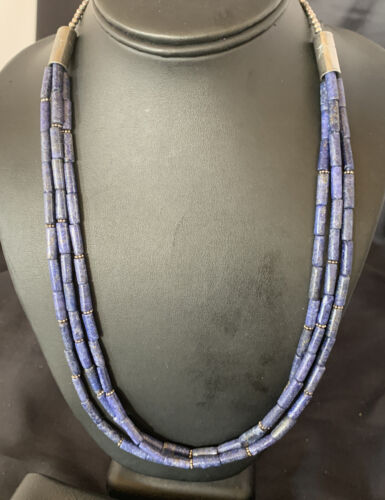 Navajo Blue Lapis 3-Strand Necklace | Sterling Silver Tube Beads | 23" | Authentic Native American Handmade | 12690