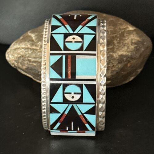 Zuni Sun Face Cuff Bracelet | Blue Turquoise & Coral Inlay | Sterling Silver | 14587