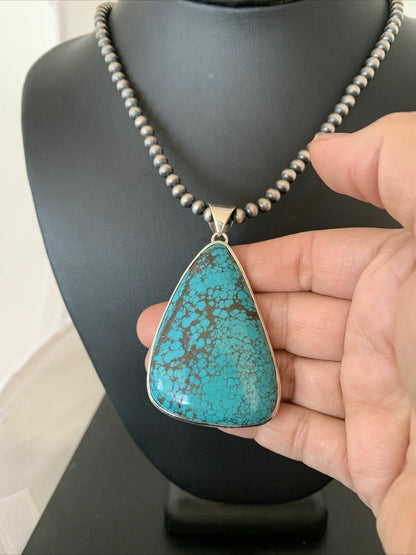 Navajo Pearls Sterling Silver Blue Spiderweb Turquoise Necklace Pendant | Men's Southwestern | 00918
