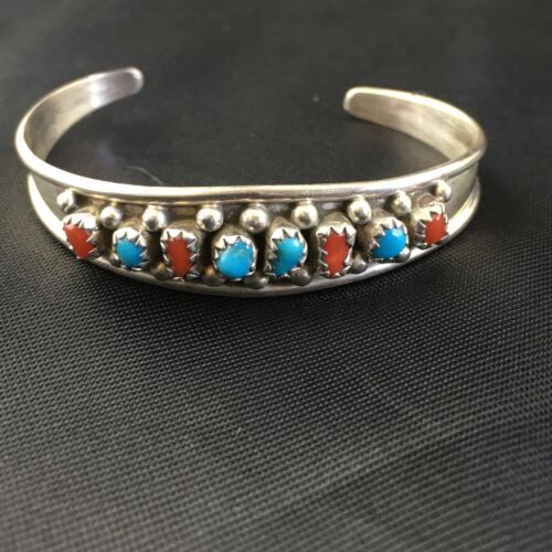 Navajo Children's Blue Turquoise Coral Cuff Bracelet | Sterling Silver | 4" | 10248