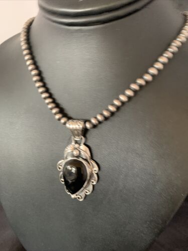 Navajo Pearls Black Onyx Necklace Pendant | Sterling Silver | Authentic Native American Handmade | 13095