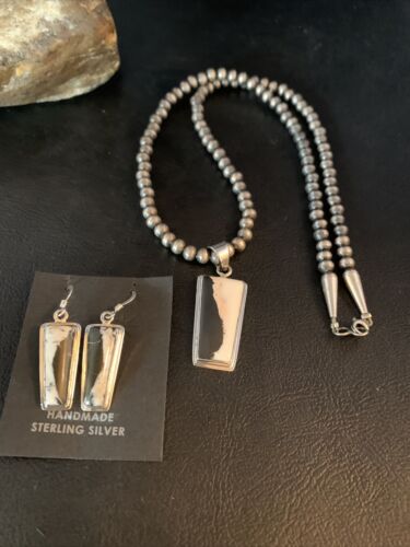 Navajo White Buffalo Turquoise Pendant | Sterling Silver Dangle Earrings | Authentic Native American Handmade | 14100