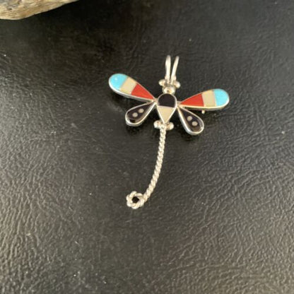 Zuni Turquoise Mother of Pearl Inlay Dragonfly Necklace Pin Pendant | Sterling Silver | 12321