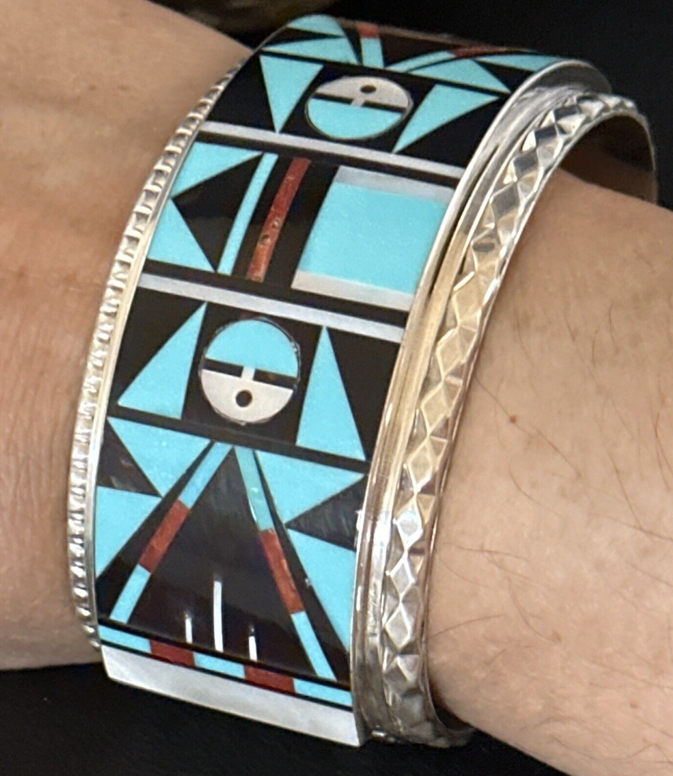 Zuni Sun Face Cuff Bracelet | Blue Turquoise & Coral Inlay | Sterling Silver | 14587