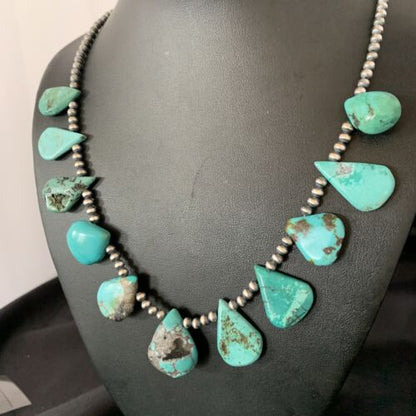 Southwestern Navajo Pearls Necklace | Sterling Silver Blue Turquoise Teardrop | 13149