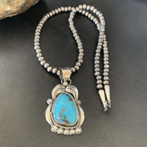 Men's Navajo Pearls Necklace | Sterling Silver Blue Kingman Turquoise Pendant | Native American | 12598