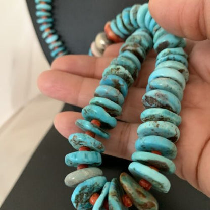 Authentic Native American Navajo Sterling Silver Necklace | Blue Turquoise & Spiny Oyster | 32" | 01672