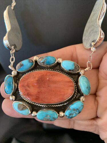 Navajo Red Spiny Oyster & Blue Turquoise Necklace | Sterling Silver | 21" | Authentic Native American Handmade | 2112