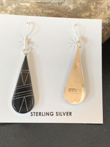 Navajo Black Onyx Inlay Dangle Drop Earrings | Sterling Silver | 1.5" | 12312 - Masha USA