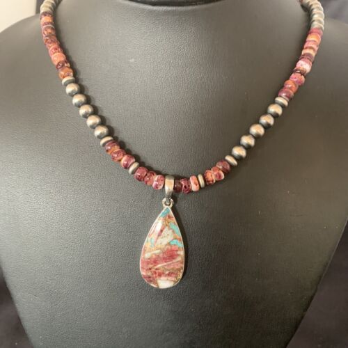 Native American Navajo Purple Spiny Oyster Pendant Necklace | Sterling Silver | 11901