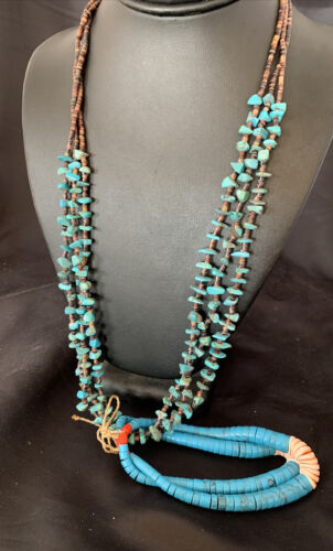 Native American Santo Domingo Spiny Blue Turquoise Shell Jacla Necklace | 3-Strand 27" | 12495