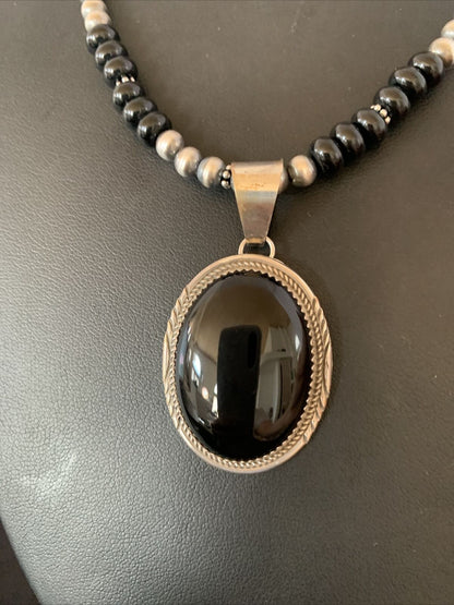 Native American Men's Navajo Pearl Necklace Pendant | Sterling Silver Black Onyx | 11742