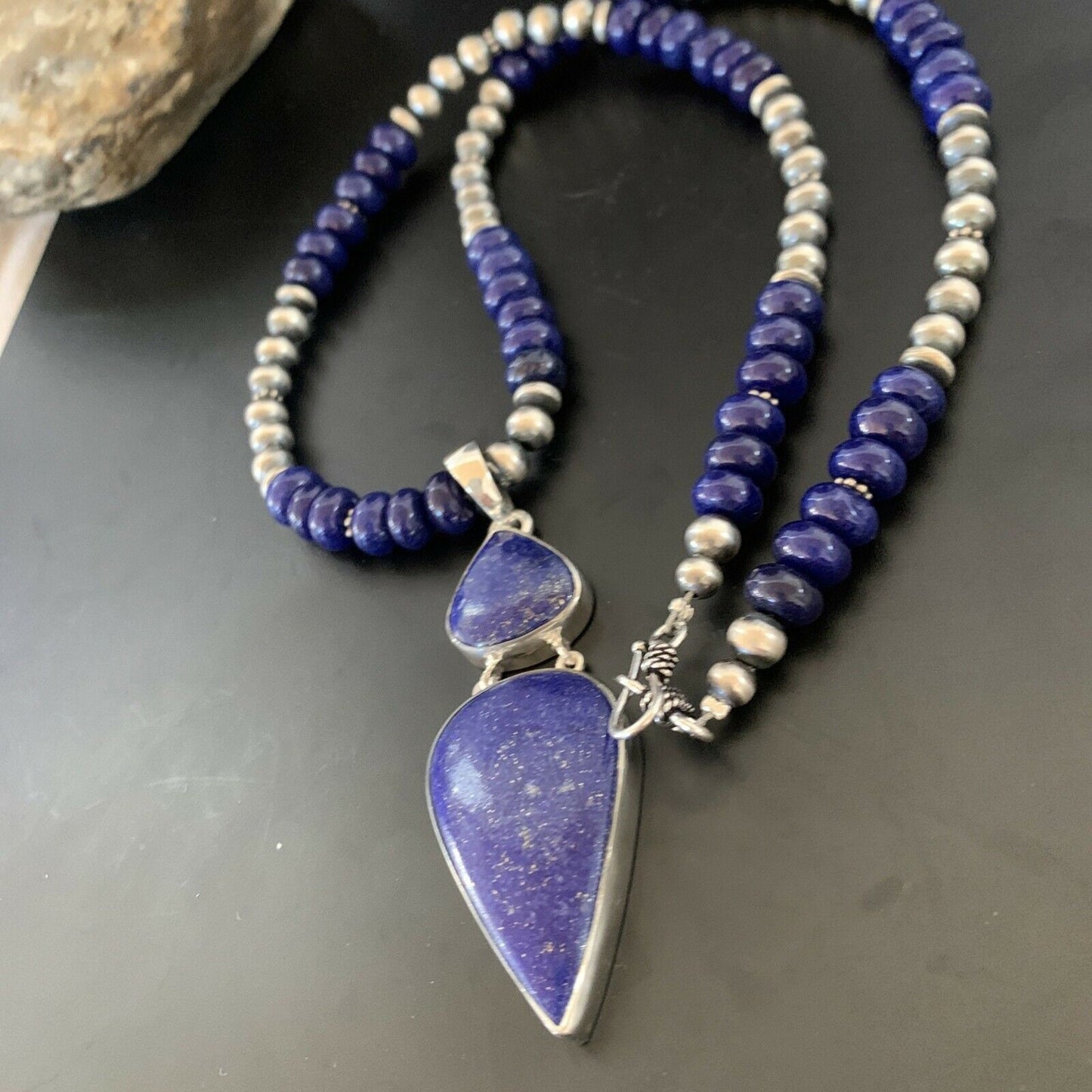 Navajo Sterling Silver Beads Necklace with Lapis Lazuli Pendant | 8mm | Authentic Native American Handmade | 11365