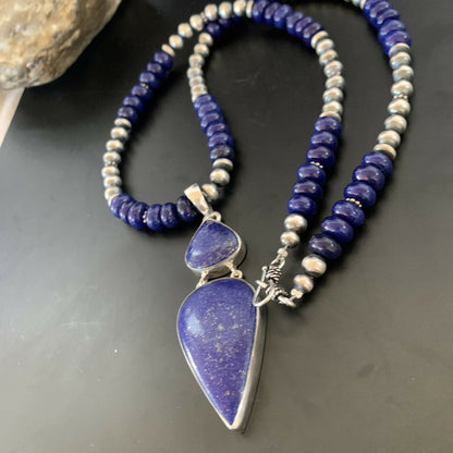 Navajo Sterling Silver Beads Necklace with Lapis Lazuli Pendant | 8mm | Authentic Native American Handmade | 11365