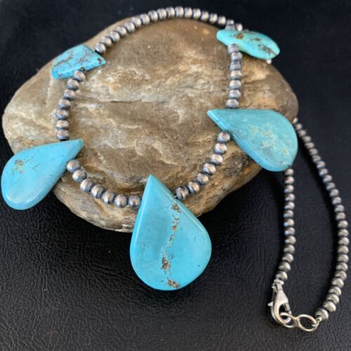 Navajo Teardrop Blue Turquoise Necklace | Sterling Silver Pearls | 20" | Authentic Native American Handmade | 13968