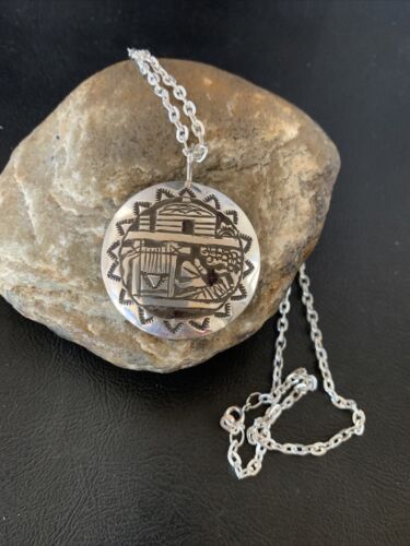 Native American Hopi Pueblo Design Stamp Pendant | Sterling Silver | Handmade | 12318 Chain