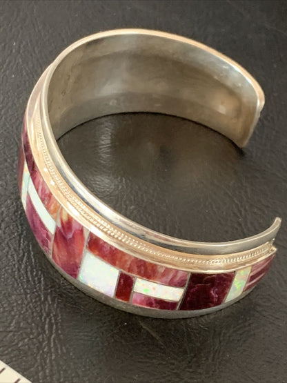 Zuni Purple Spiny Oyster Opal Inlay Cuff Bracelet | Sterling Silver | Authentic Native American Handmade | 12094