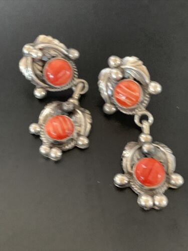 Navajo Red Spiny Oyster Dangle Earrings | Sterling Silver | Authentic Native American Handmade | 2060
