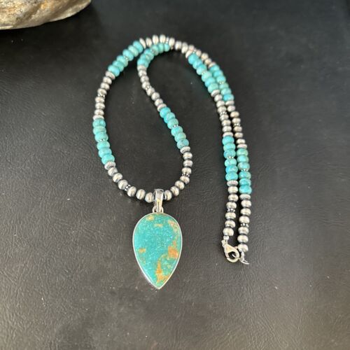 Navajo Blue Turquoise Pendant Necklace | Sterling Silver | Authentic Native American Handmade | 14472