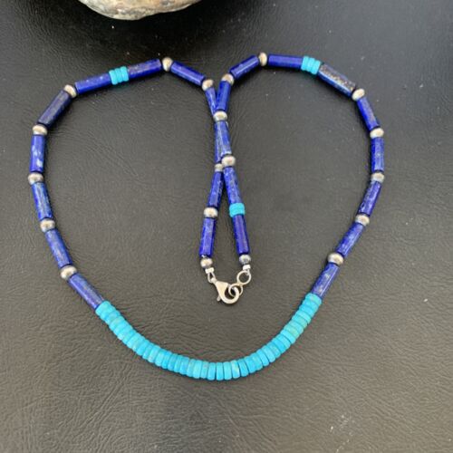 Native American Men's Navajo Lapis Turquoise Bead Necklace | Sterling Silver | 21" | 12471