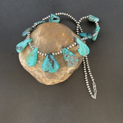 Southwestern Navajo Pearls Necklace | Sterling Silver | Blue Turquoise Teardrop | 13156