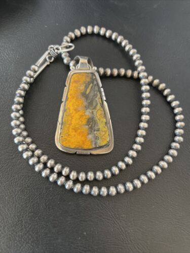 Men's Navajo Pearls Necklace with Bumblebee Jasper Pendant | Sterling Silver | Native American Handmade | 10554