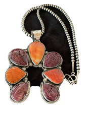 Navajo Sterling Silver Necklace with Purple Red Spiny Oyster Naja Pendant | 967