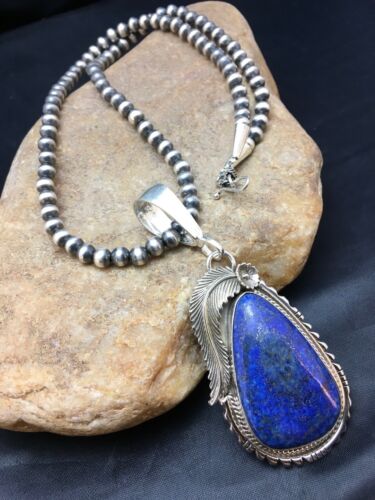 Navajo Lapis Pendant Necklace | Sterling Silver Pearls | Authentic Native American Handmade | 1005 - Masha USA