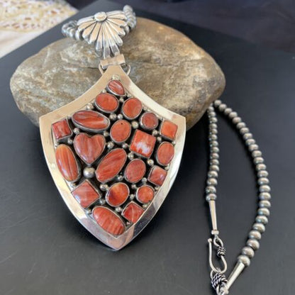 Navajo Red Spiny Oyster Pendant | Sterling Silver | Authentic Native American Handmade | 11514