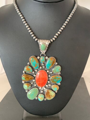 Navajo Royston Turquoise Spiny Oyster Multi-Stone Cluster Necklace | Authentic Native American Sterling Silver XL Pendant | 3237