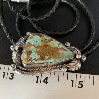Navajo Green Royston Turquoise Bolo Tie | Sterling Silver | Authentic Native American Handmade | 14109