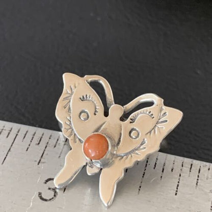 Navajo Orange Spiny Oyster Butterfly Ring | Sterling Silver | Sz Adj 8 | Authentic Native American Handmade | 10351