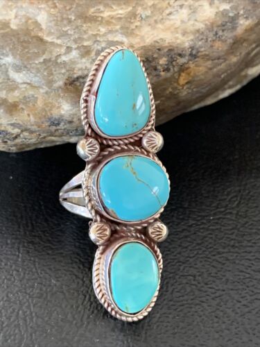 Navajo Blue Turquoise Cluster Ring | Authentic Native American Sterling Silver | Multi-Stone | Sz 8 | 2121