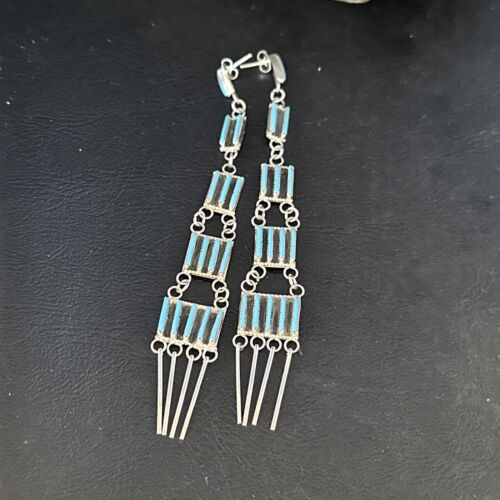 Zuni Kingman Turquoise Needle Point Dangle Earrings | Sterling Silver | Authentic Native American Handmade | 14409