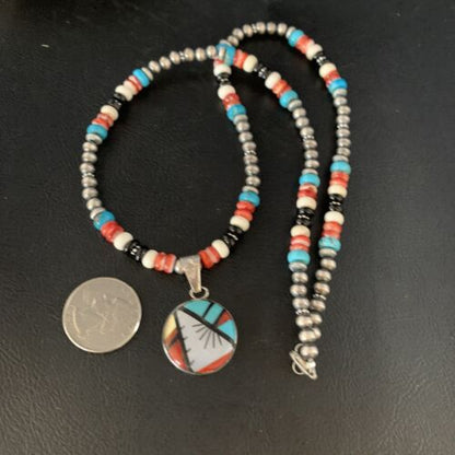 Zuni Multi-Color Turquoise Onyx Necklace | Sterling Silver Inlay Pendant | 13563