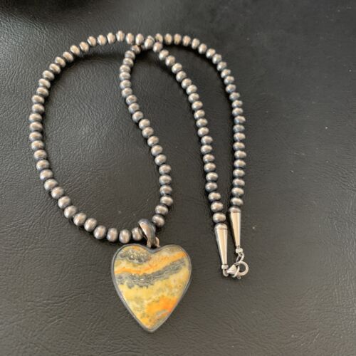 Navajo Heart Yellow Bumblebee Jasper Pendant | Sterling Silver Necklace | Authentic Native American Handmade | 12813