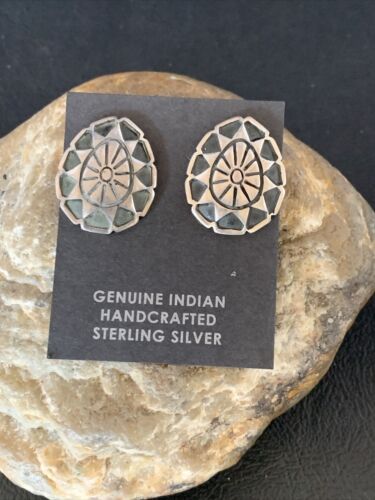 Southwestern Sterling Silver Oval Stud Earrings | 1" | Authentic Native American Handmade | 13001