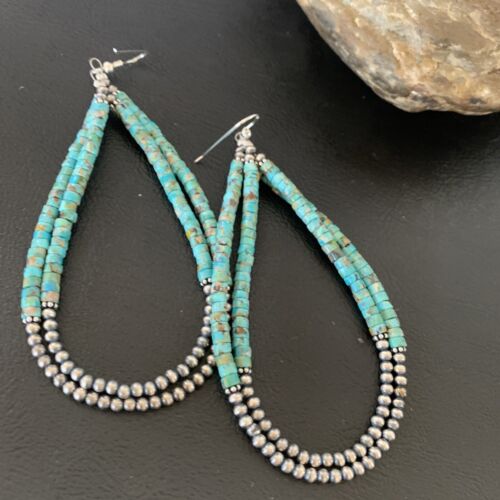 Navajo XL Turquoise Heishi Beads Earrings | Sterling Silver | 4" | 12687