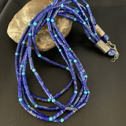 Women's Men's Sterling Silver Blue Denim Lapis Turquoise Necklace | 5 Strand | 22" | 13405