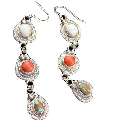 Navajo Spiny, Turquoise & Howlite Dangle Earrings | Sterling Silver | Authentic Native American Handmade | 01620